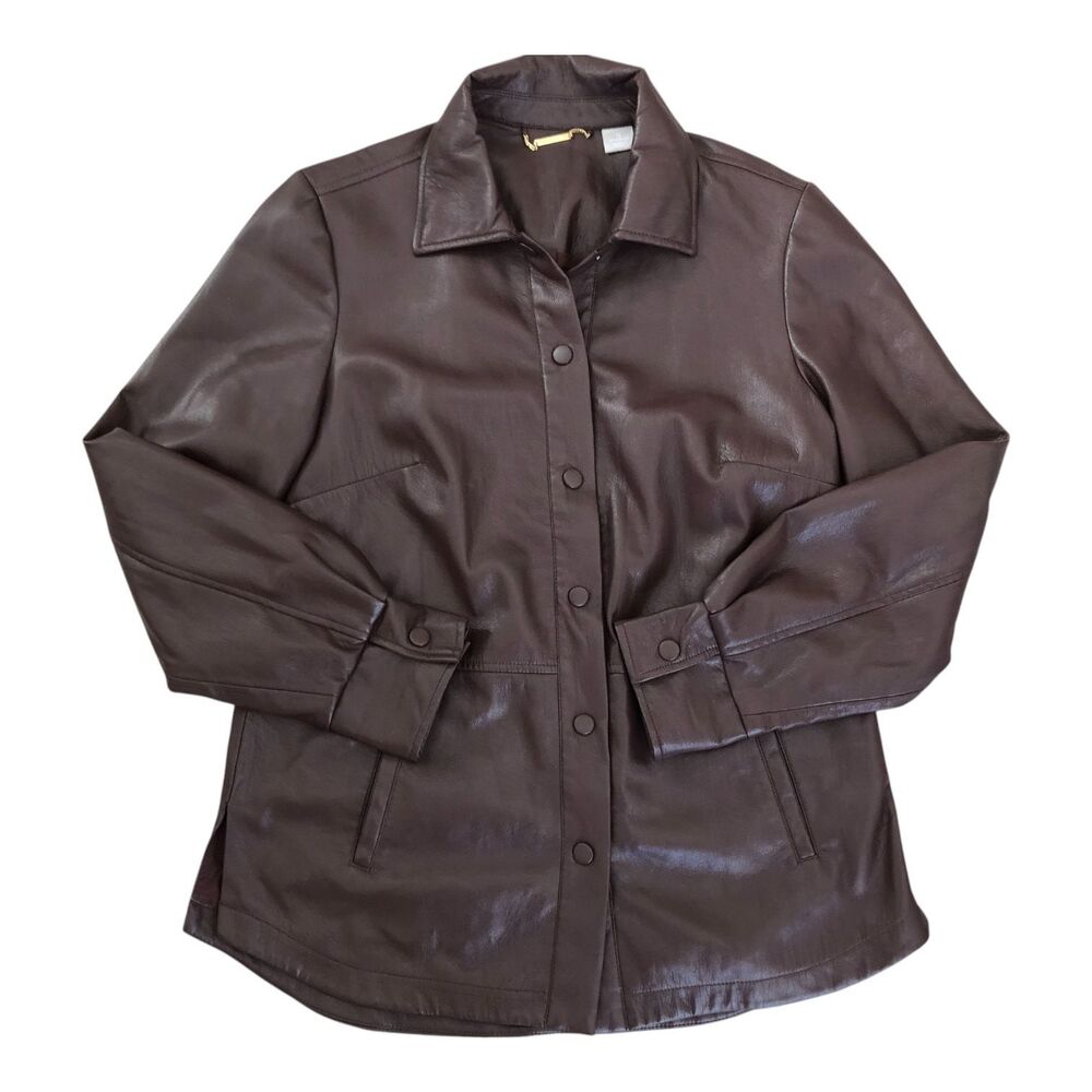 Chico's Chocolate Brown Corpcore Country Western Faux Leather Snap‎ Jacket  S - Picture 2 of 16